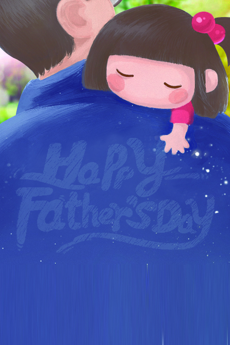 父亲节手绘卡通拥抱父女蓝色背景