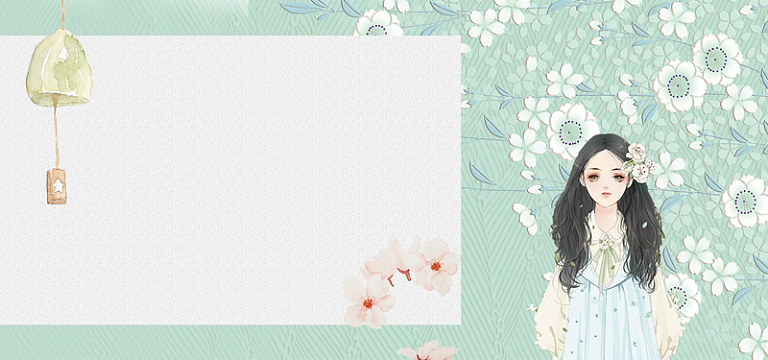 立夏小清新日系女孩花瓣绿色背景