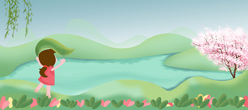 桃花节踏青手绘童趣绿banner