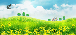 油菜花梦幻燕子房子油画阳光蓝色banner