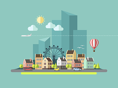 扁平化摩天轮建筑城市素材(4324x3243)aipng大气卡通扁平城市剪影背景