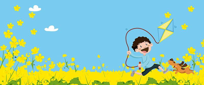 春天放风筝云朵小孩踏青春游蓝banner