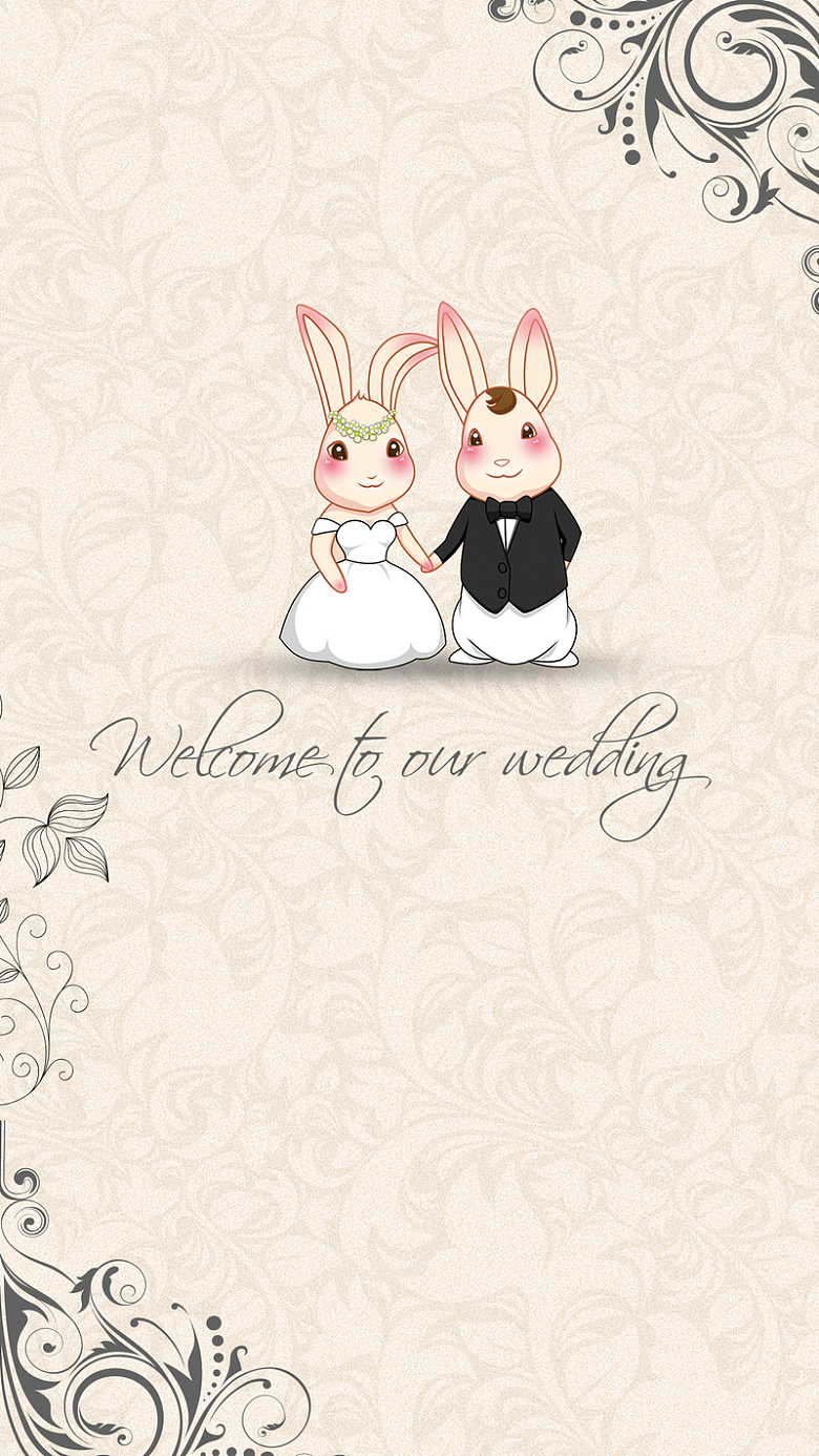 卡通小兔子欧式花纹婚礼H5背景素材