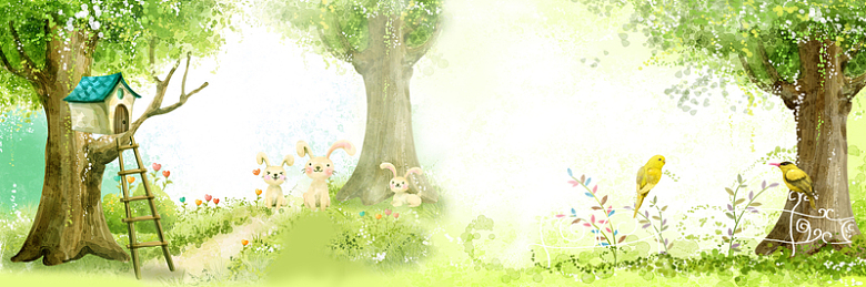 清新手绘森林兔子小鸟背景图