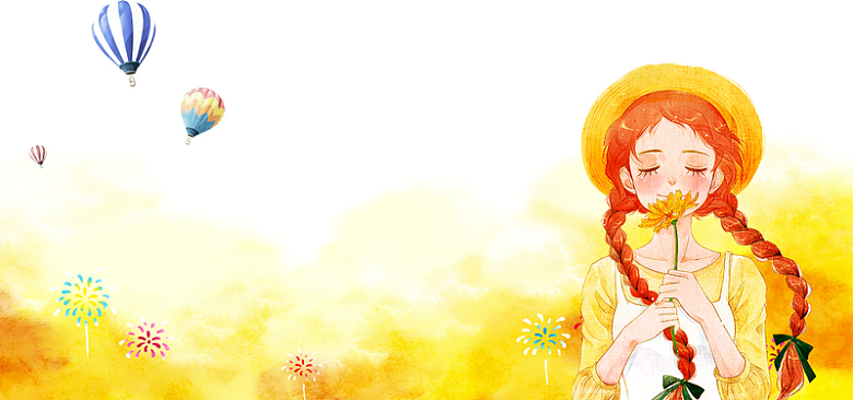 夏日向日葵文艺热气球女孩黄色背景