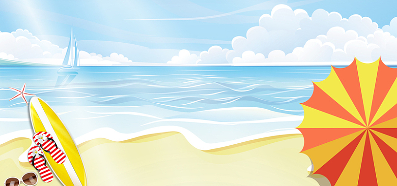 海边度假卡通童趣冲浪蓝色阳光背景