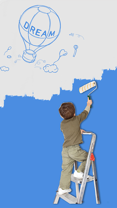 蓝色油漆刷墙孩子背景