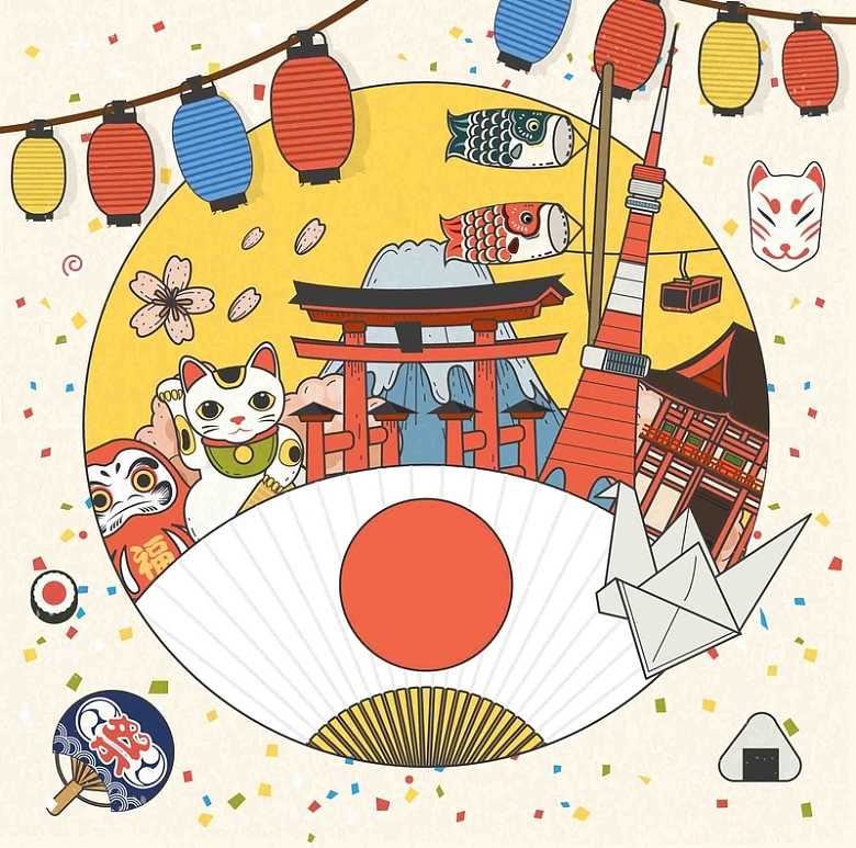 手绘矢量旅游日本景点樱花招财猫灯笼海报背