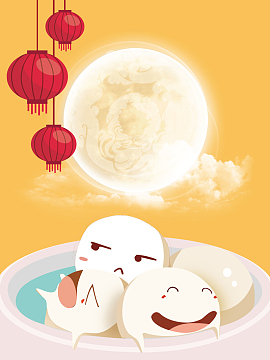 黄色卡通圆月正月十五元宵节背景素材