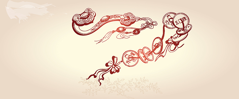 线描玉如意与铜钱背景