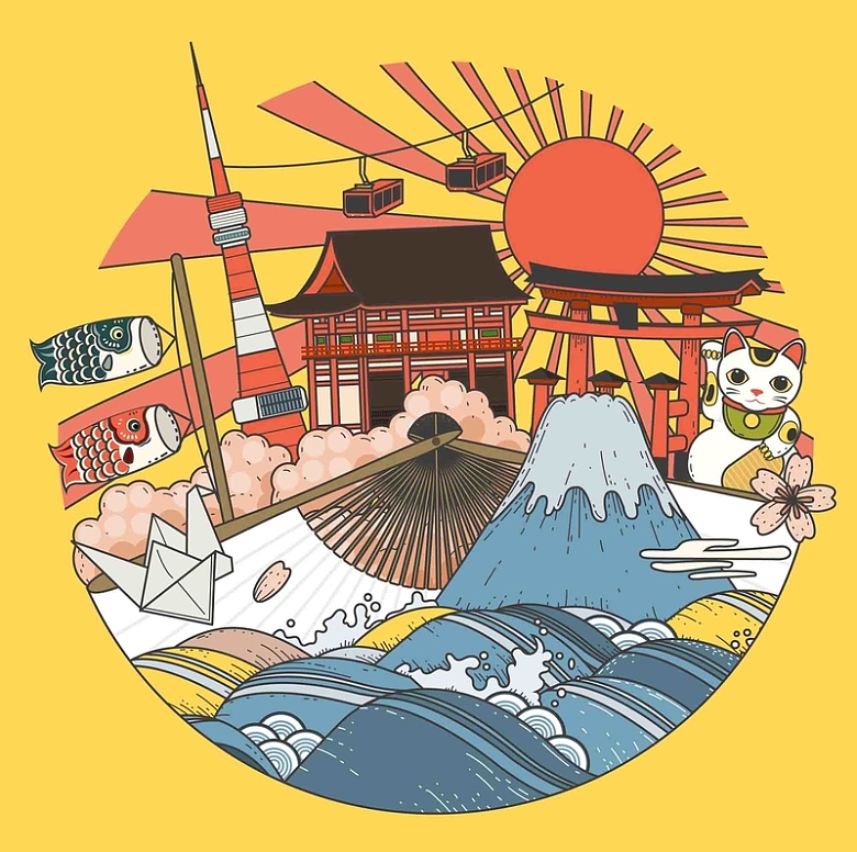 手绘矢量旅游日本景点樱花招财猫和服海报