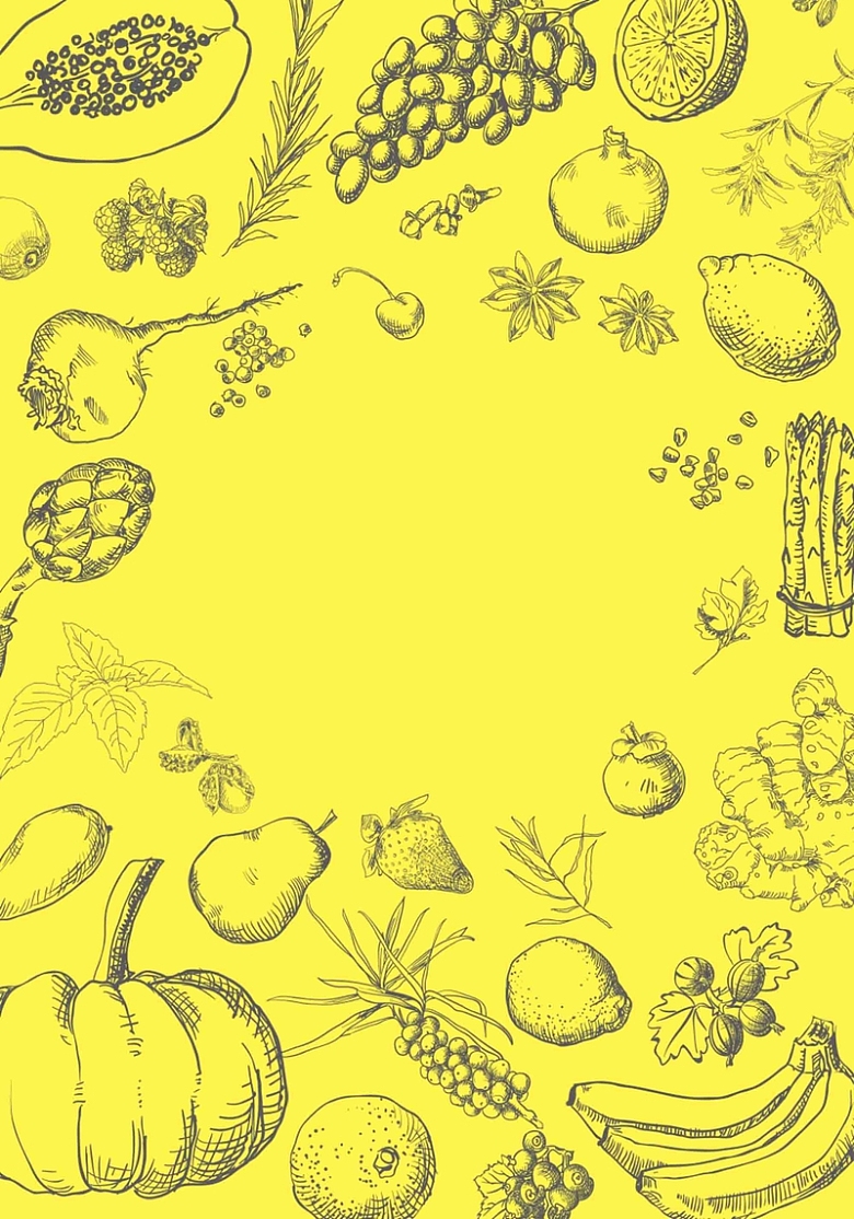 美式西餐手绘线稿菠萝果蔬食品水果面包海报