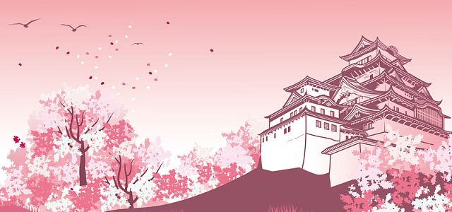 日本建筑水墨画渐变大雁樱花背景