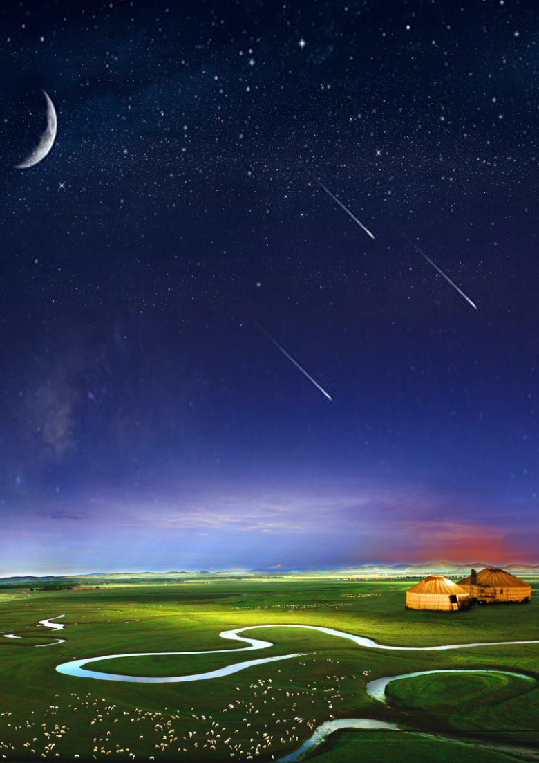 唯美草原夜空旅游海报背景模板