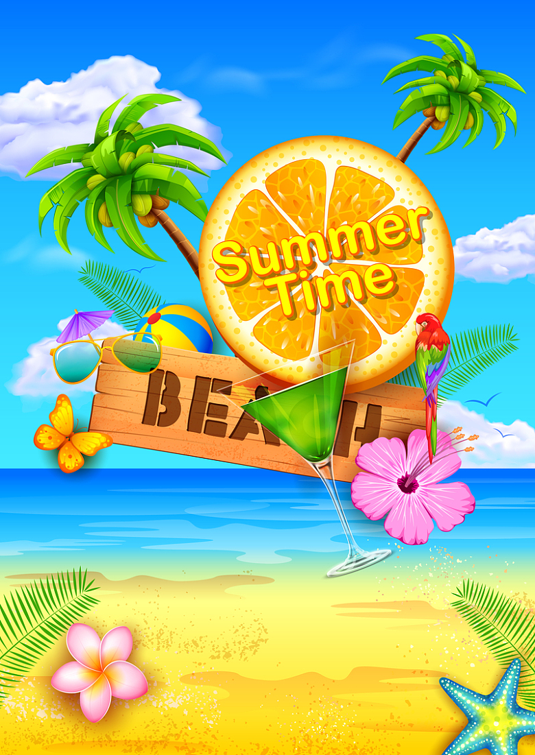夏日促销海滩橙子水果海报背景素材