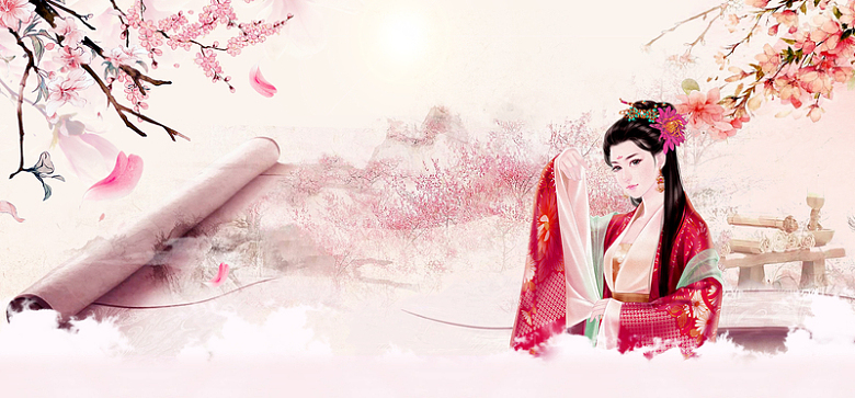 桃花节古典美女中国风画轴背景