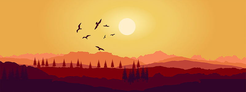 简约卡通夕阳西下山峦渐变色banne背景