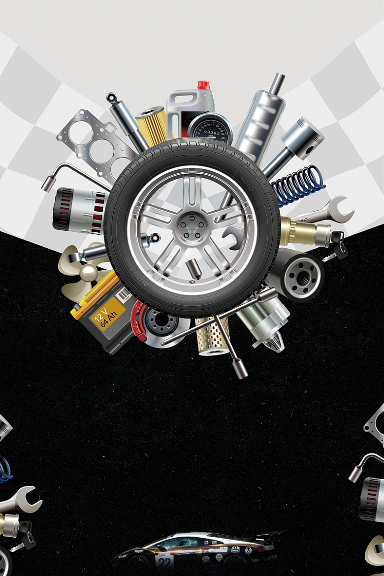 创意轮胎修理工具汽车维修海报背景素材