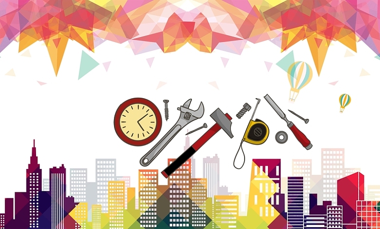 彩色城市剪影手绘工具重装开业海报背景素材