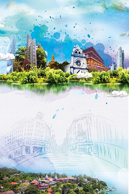 水彩蓝色简约厦门旅游海报