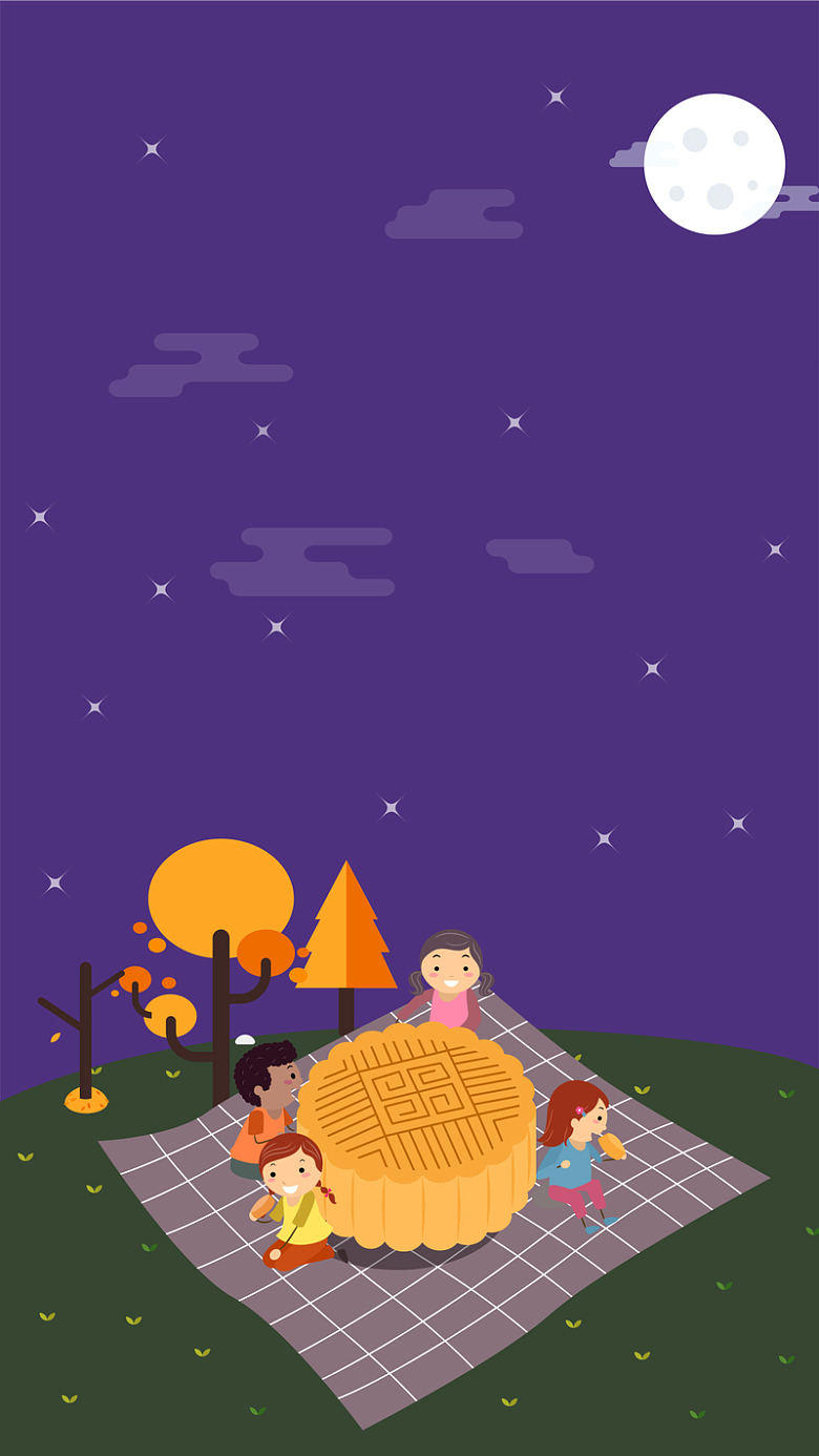 中秋节扁平化紫色创意夜空吃月饼H5背景