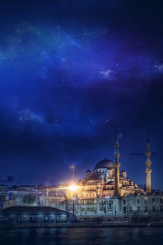 蓝色大气梦幻土耳其美景海报背景