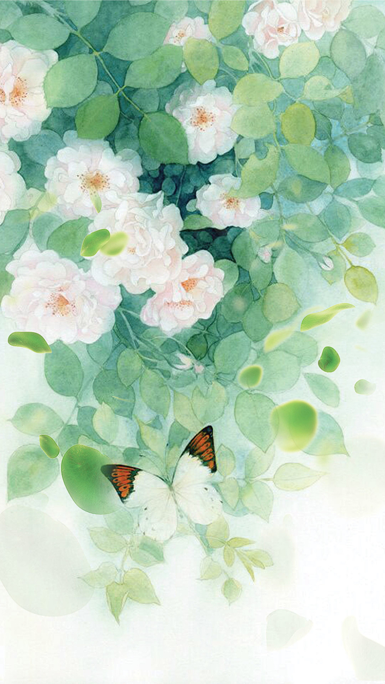 浪漫水彩画绿叶鲜花蝴蝶手绘背景图