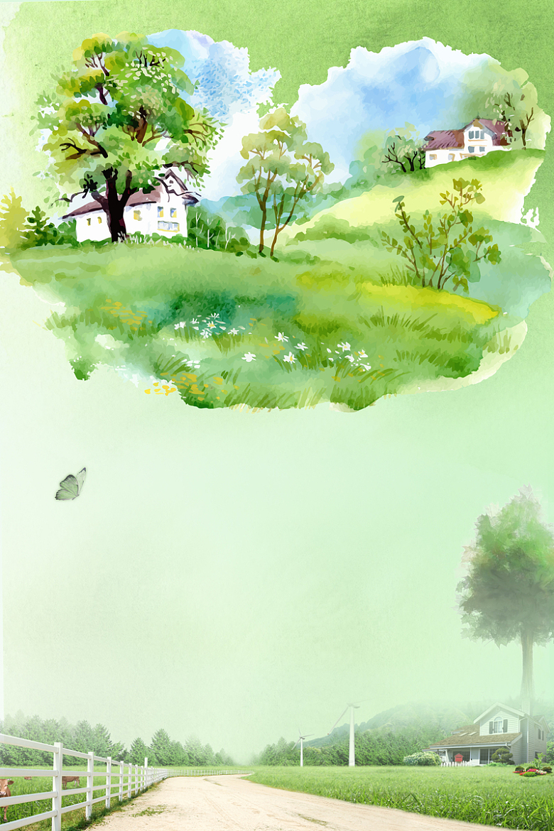 绿色手绘唯美最美乡村郊游海报背景素材