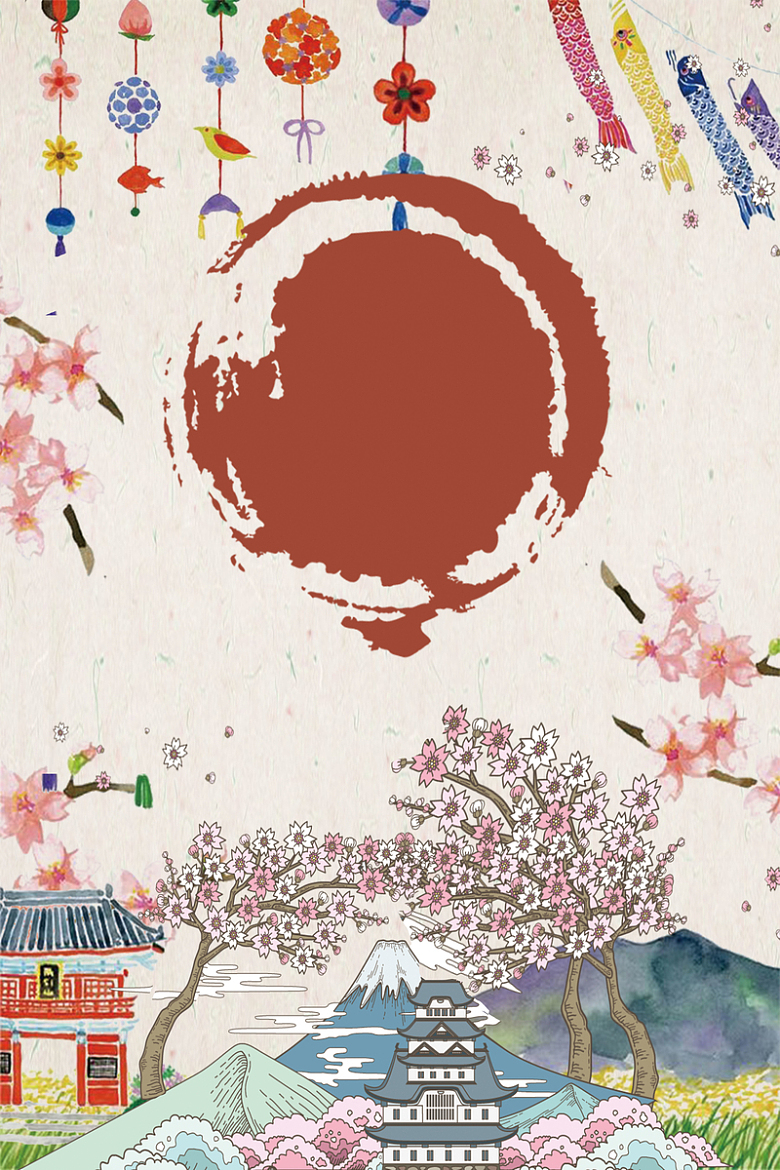 彩绘创意富士山东京旅游海报背景素材