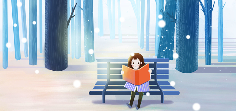 女孩在冬日雪景里看书