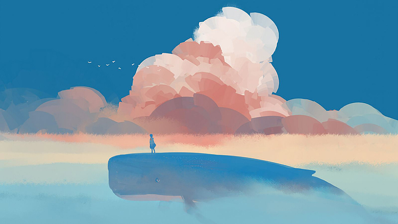 鲸鱼动漫天空云朵蓝色背景