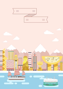 手绘矢量旅游香港景点地图粉红海报背景