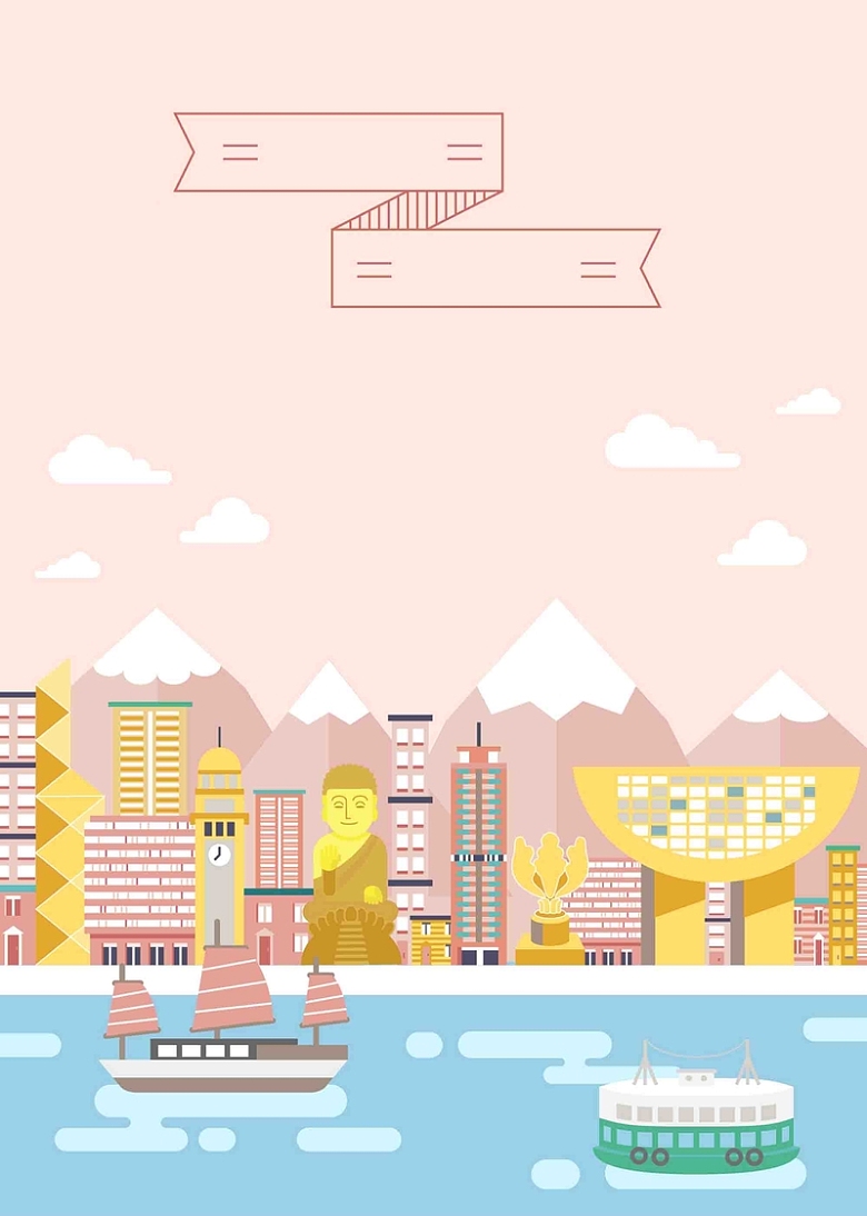 手绘矢量旅游香港景点地图粉红海报背景