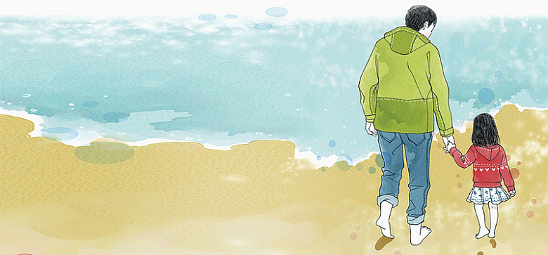 父亲节插画童趣父女脚印沙滩海浪分层背景