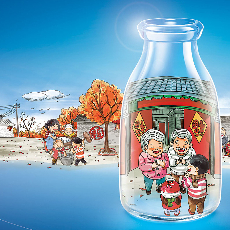 卡通创意玻璃瓶一家人背景