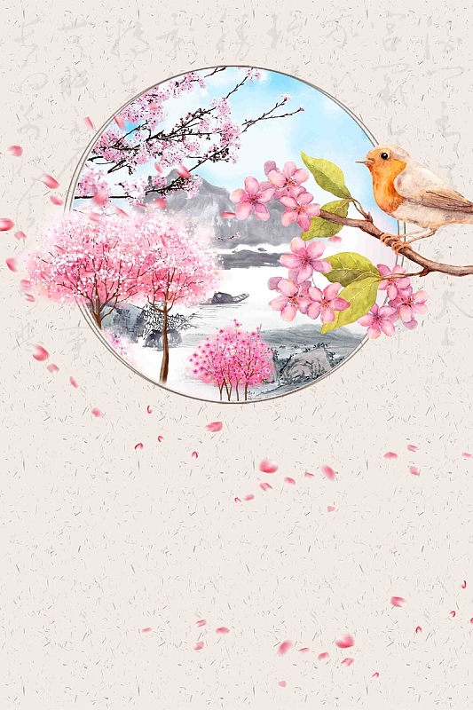 手绘桃花节插画海报背景模板