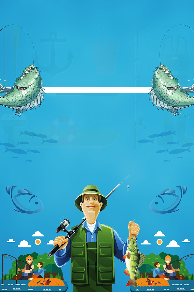蓝色手绘卡通渔夫垂钓海报背景素材