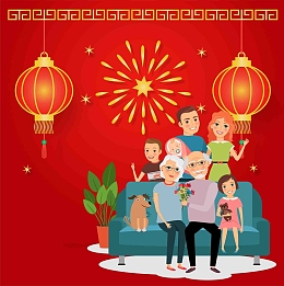 矢量手绘春节一家人幸福家庭灯笼海报背景