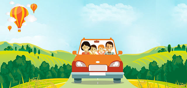 暑期全家自驾游热气球蓝天白云背景