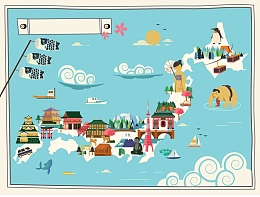 手绘矢量旅游日本景点鲤鱼旗相扑海报