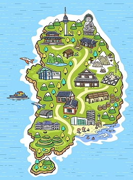 手绘矢量旅游韩国大佛景点地图海报背景