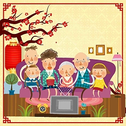 春节回家团聚一家人春晚梅花灯笼海报背景