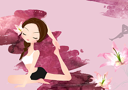 手绘瑜伽女孩插画百合花纹背景模板