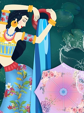 插画傣族美女泼水节创意海报背景模板