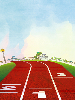 蓝天跑道手绘草地风景背景素材