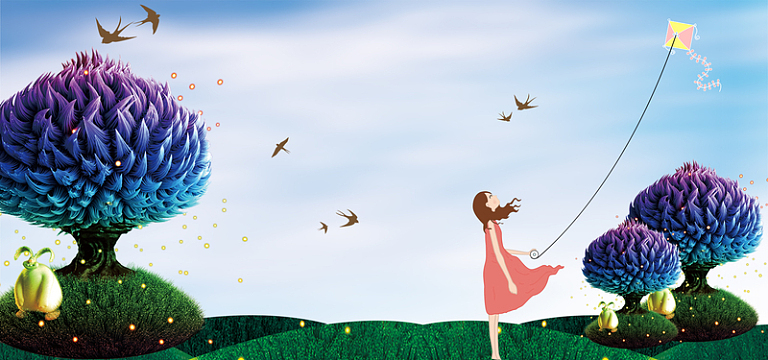 春天放风筝景色文艺卡通紫色bannerpsdjpg幼儿园童趣蓝色教育海报背景