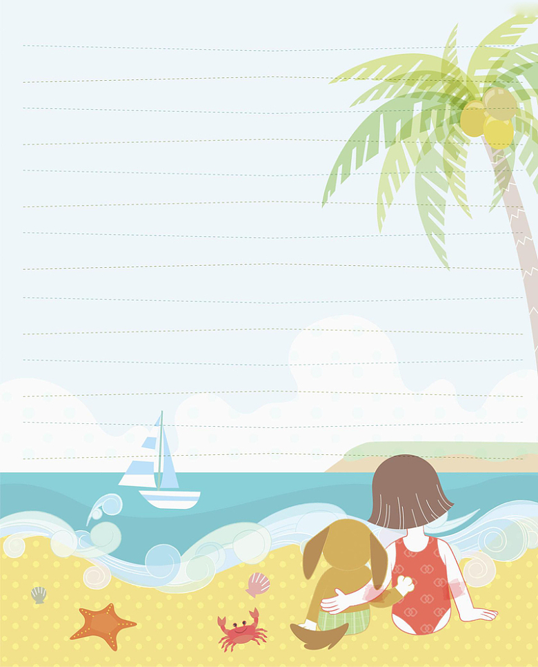 手绘卡通夏日海滩风景平面广告