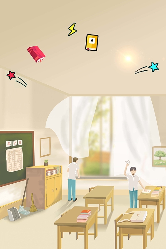 卡通手绘开学季开学换新教室课堂