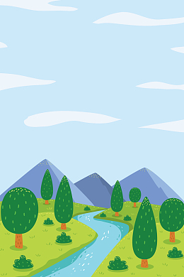 蓝色手绘春季踏青春天大树河流背景