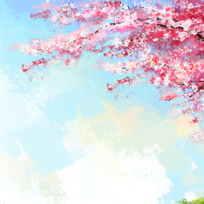 樱花蓝天白云手绘背景
